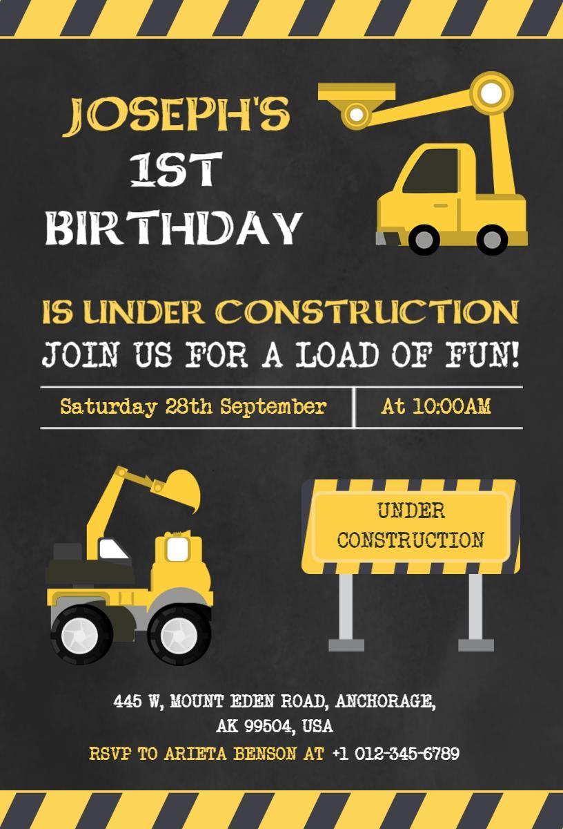 Construction Themed 1st Birthday Celebration Invitation Template