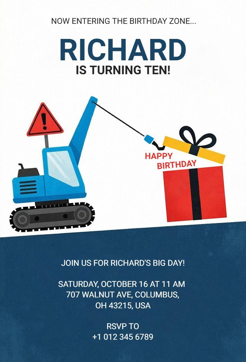Construction Vehicle Fun 10th Birthday Celebration Invitation Template
