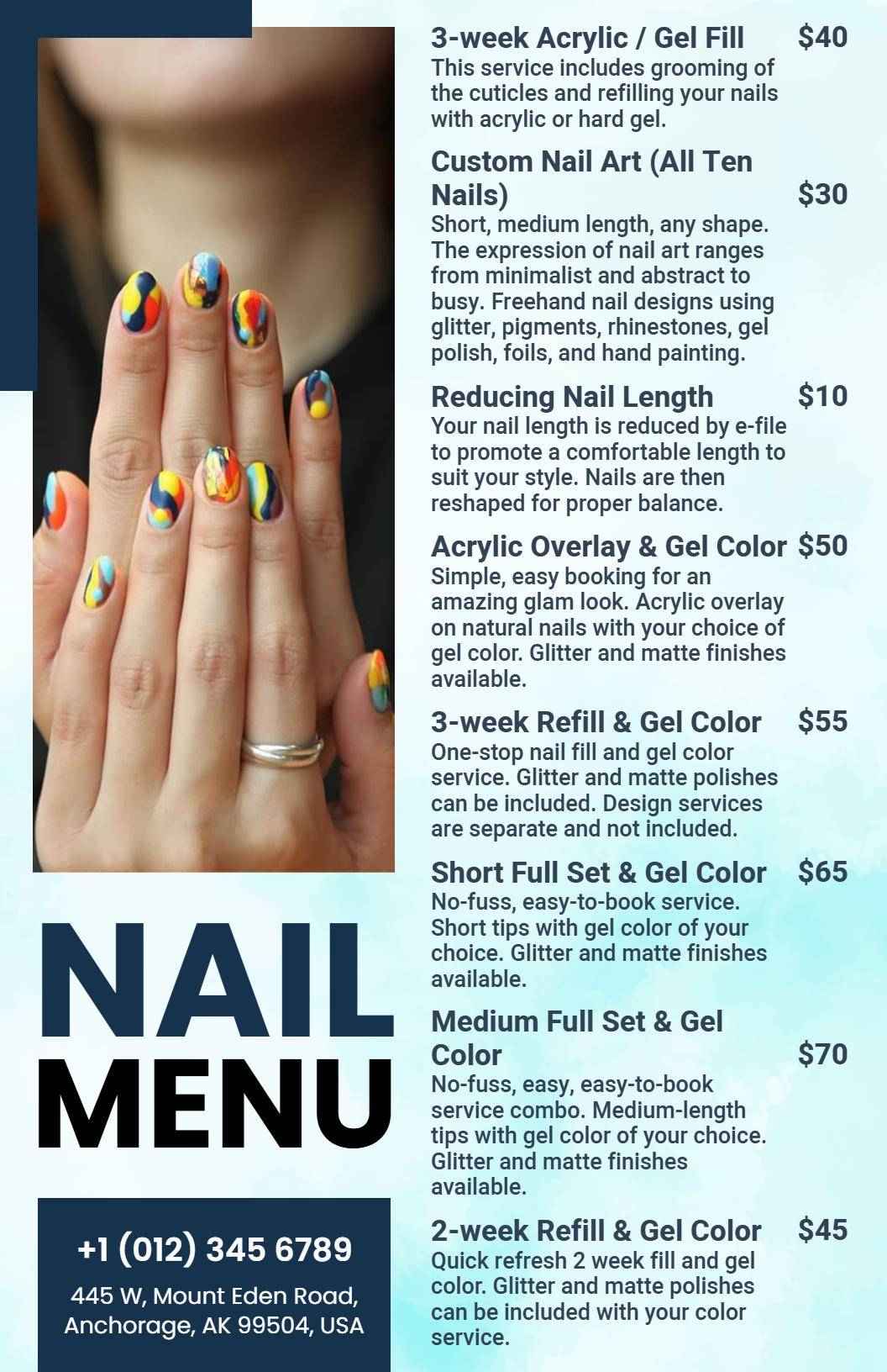 Contemporary Blue and White Nail Salon Service Menu Template