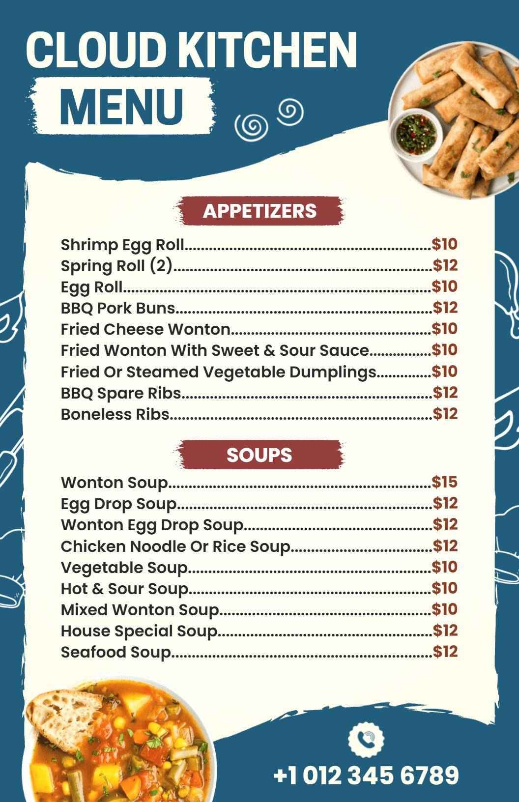 Contemporary Blue Cloud Kitchen Flavorful Menu Template