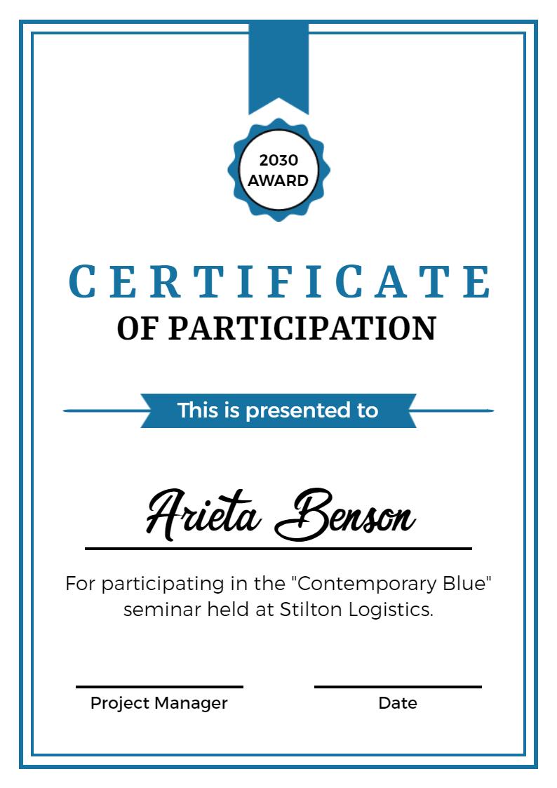 Contemporary Blue Stylish Participation Seminar Certificate Template