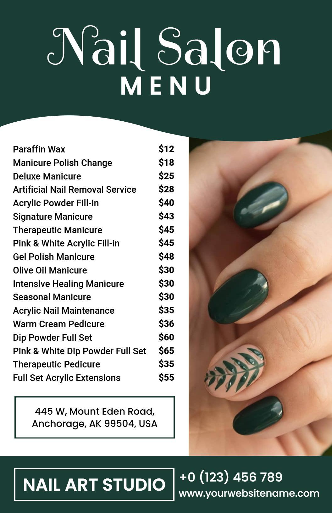 Contemporary Dark Green Nail Studio Price List Menu Template