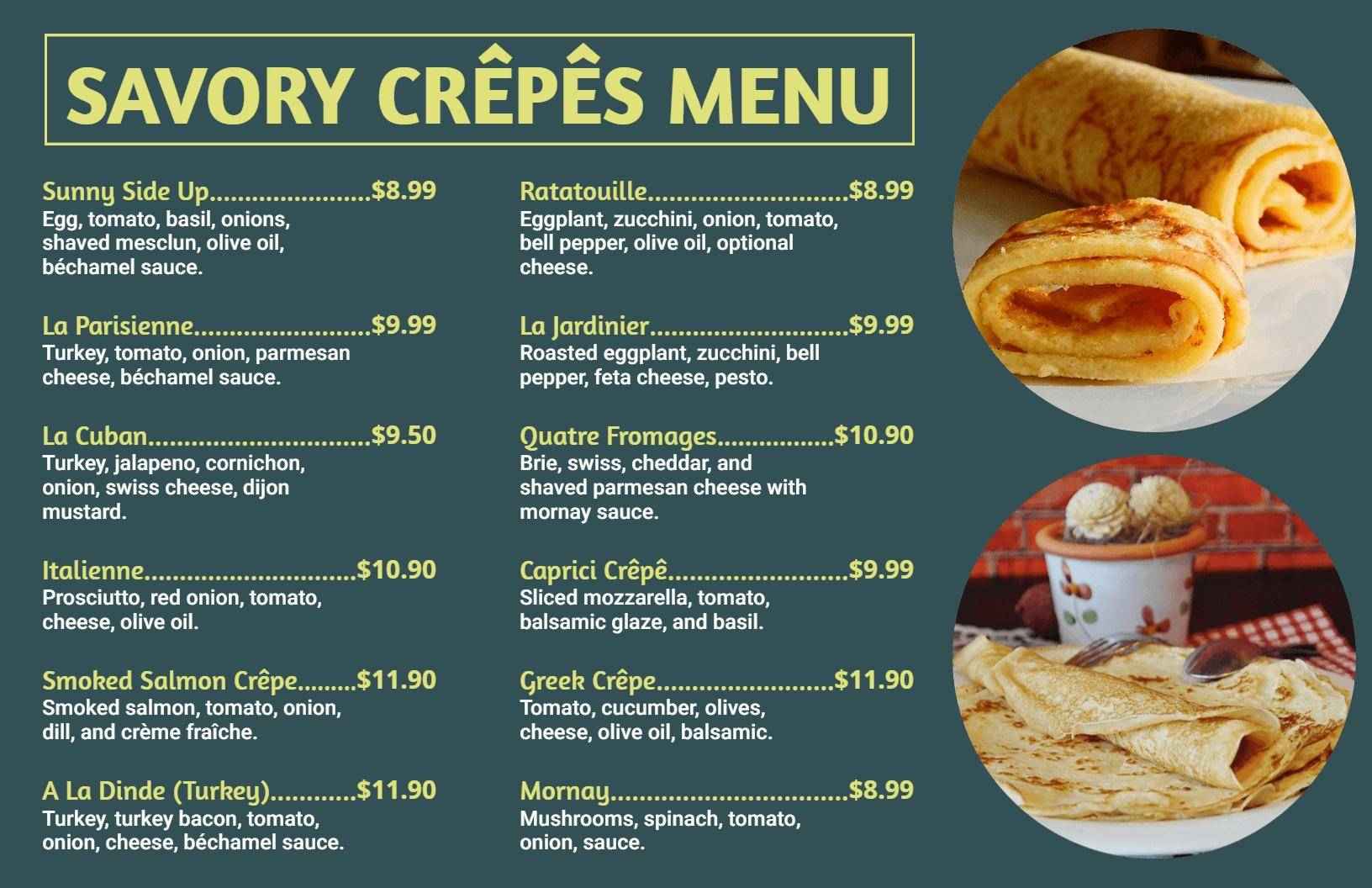 Contemporary Green and Yellow Crêpes Breakfast Menu Template