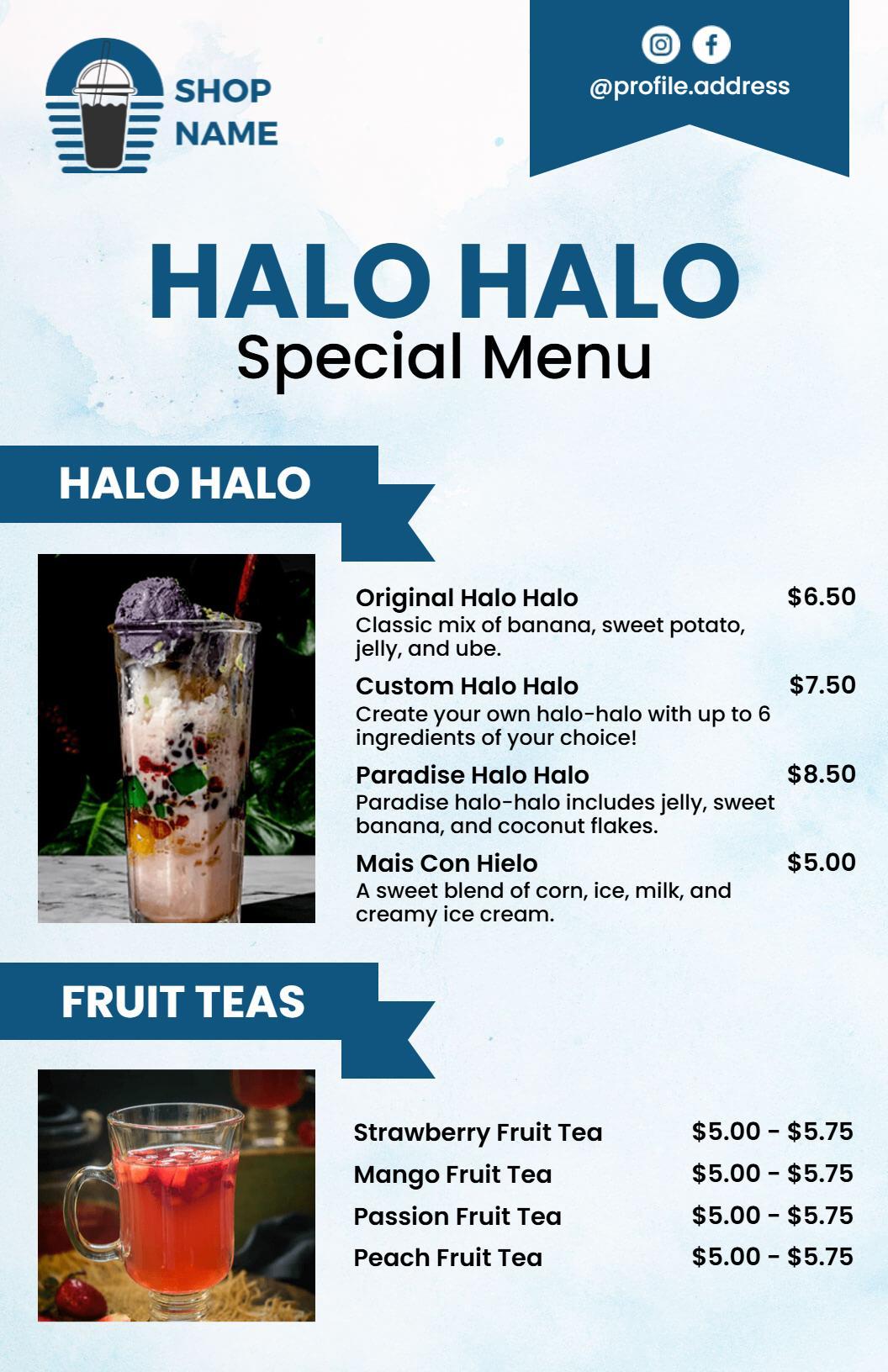 Contemporary Halo Halo and Fruit Tea Special Menu Template