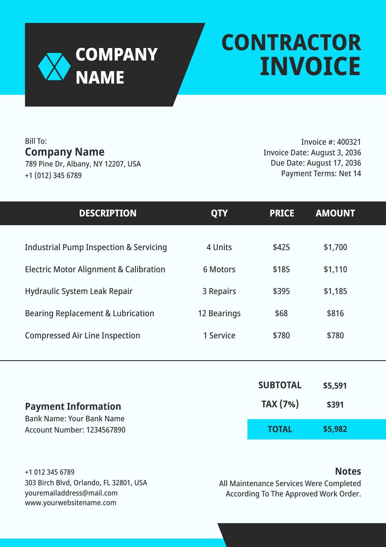Contractor Service and Industrial Work with Billing Invoice Template