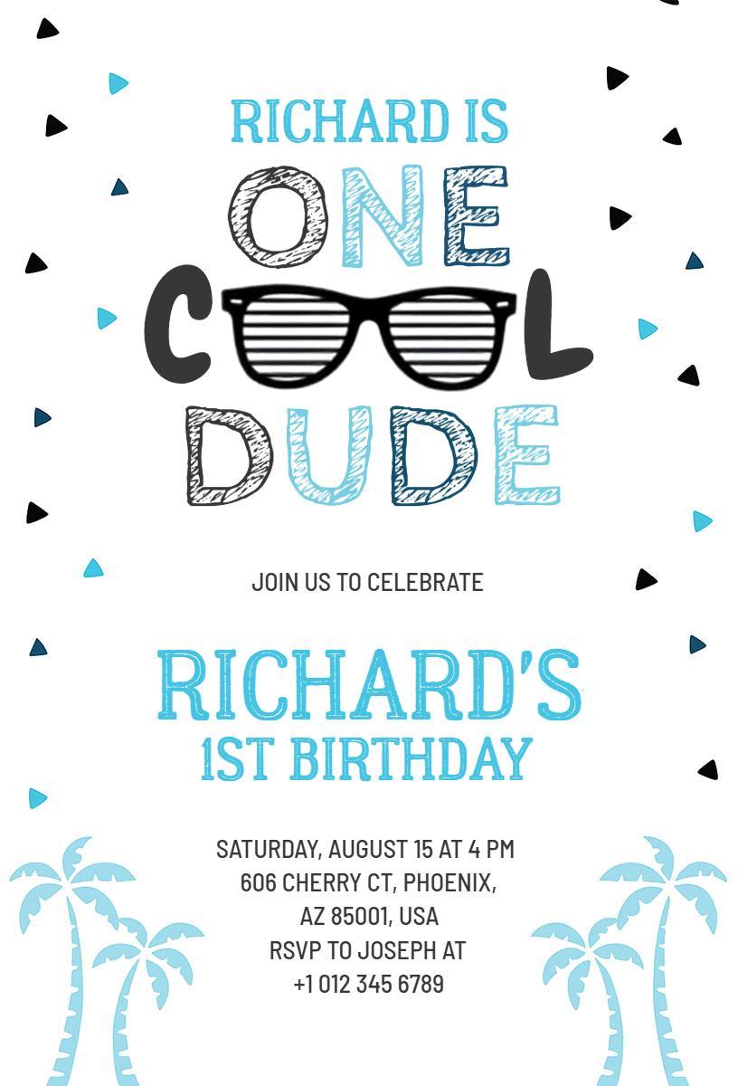 Cool Dude Beach Theme 1st Birthday Celebration Invitation Template