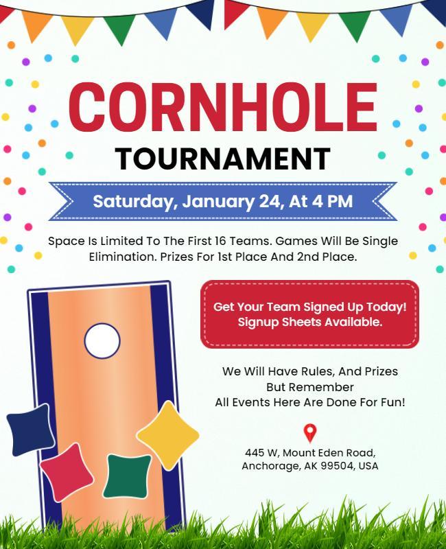 Festive Colorful Cornhole Tournament Event Flyer Template