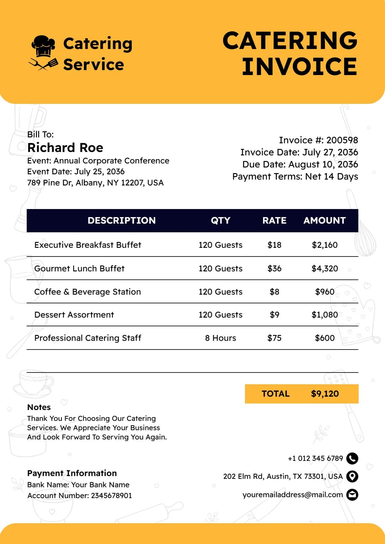 Corporate Event Catering Service and Charges Invoice Template