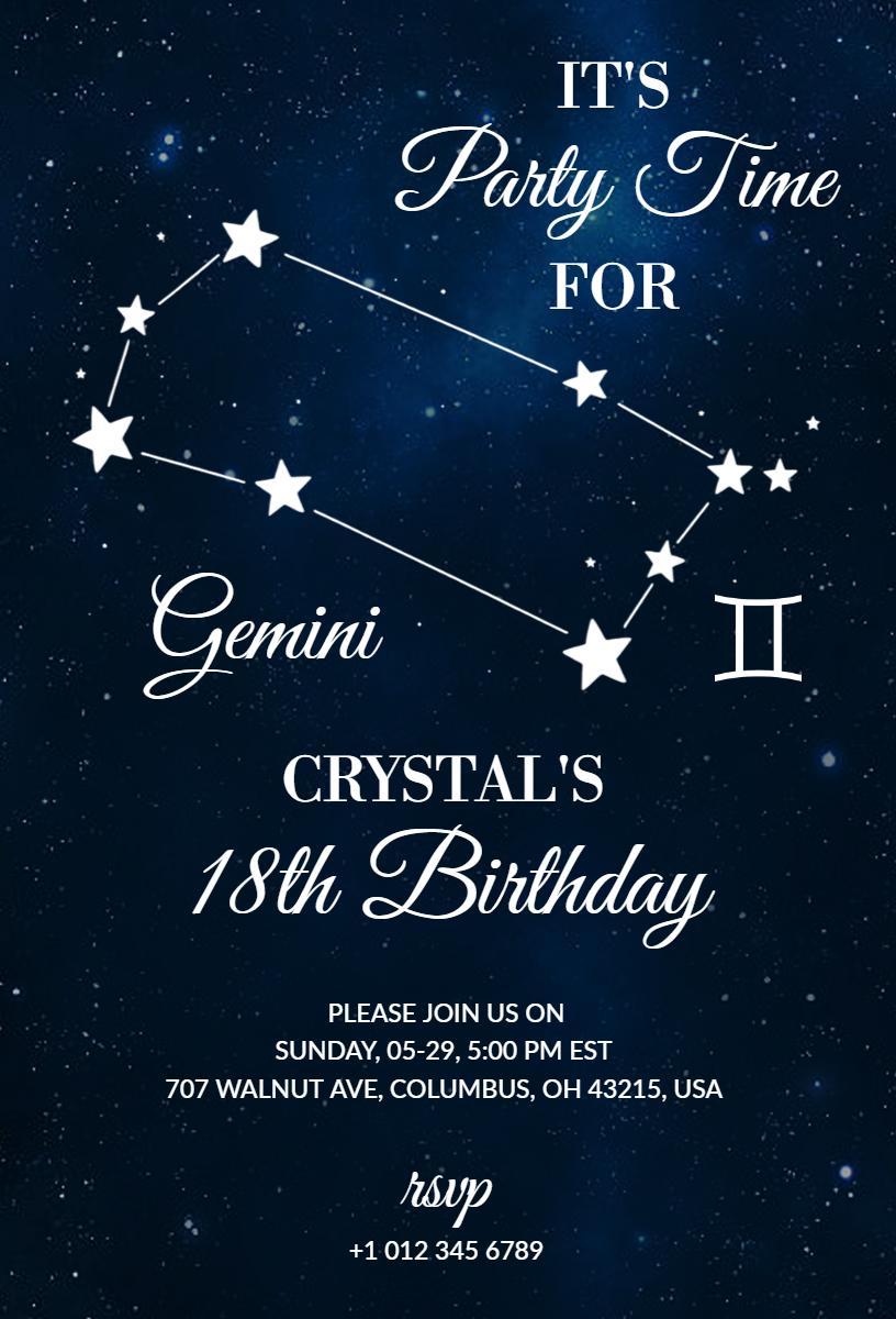 Cosmic Gemini Themed 18th Birthday Celebration Invitation Template