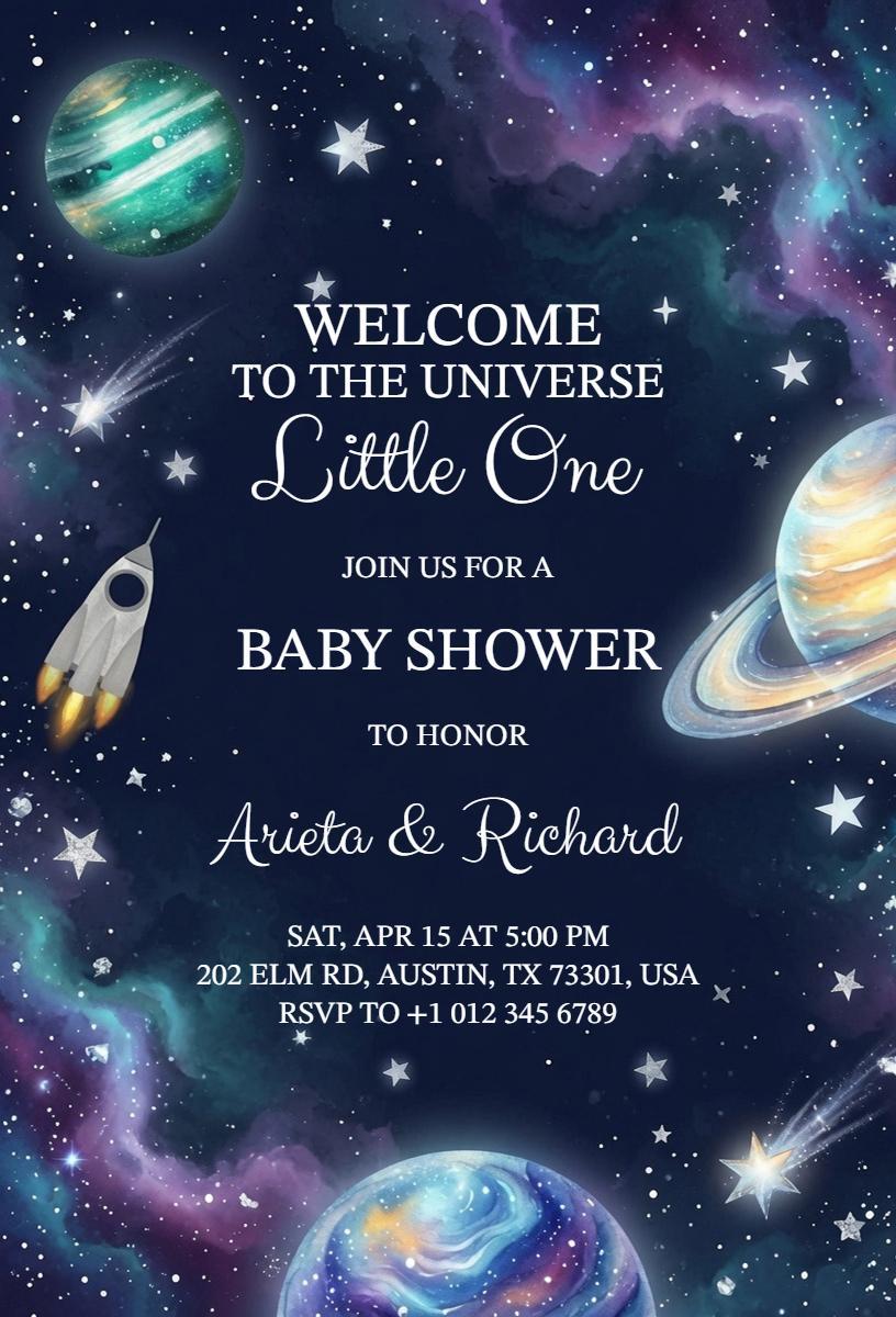 Cosmic Space Adventure Baby Shower Celebration Invitation Template