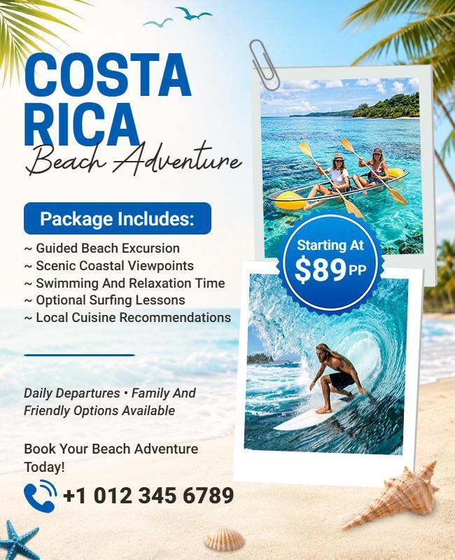 Costa Rica Beach Adventure Travel Flyer Template