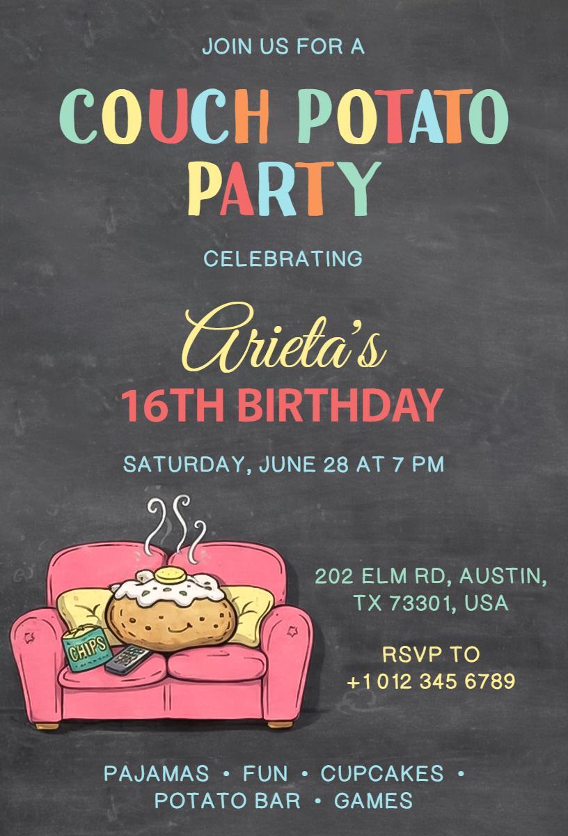 Couch Potato Fun Sweet 16 Birthday Celebration Invitation Template