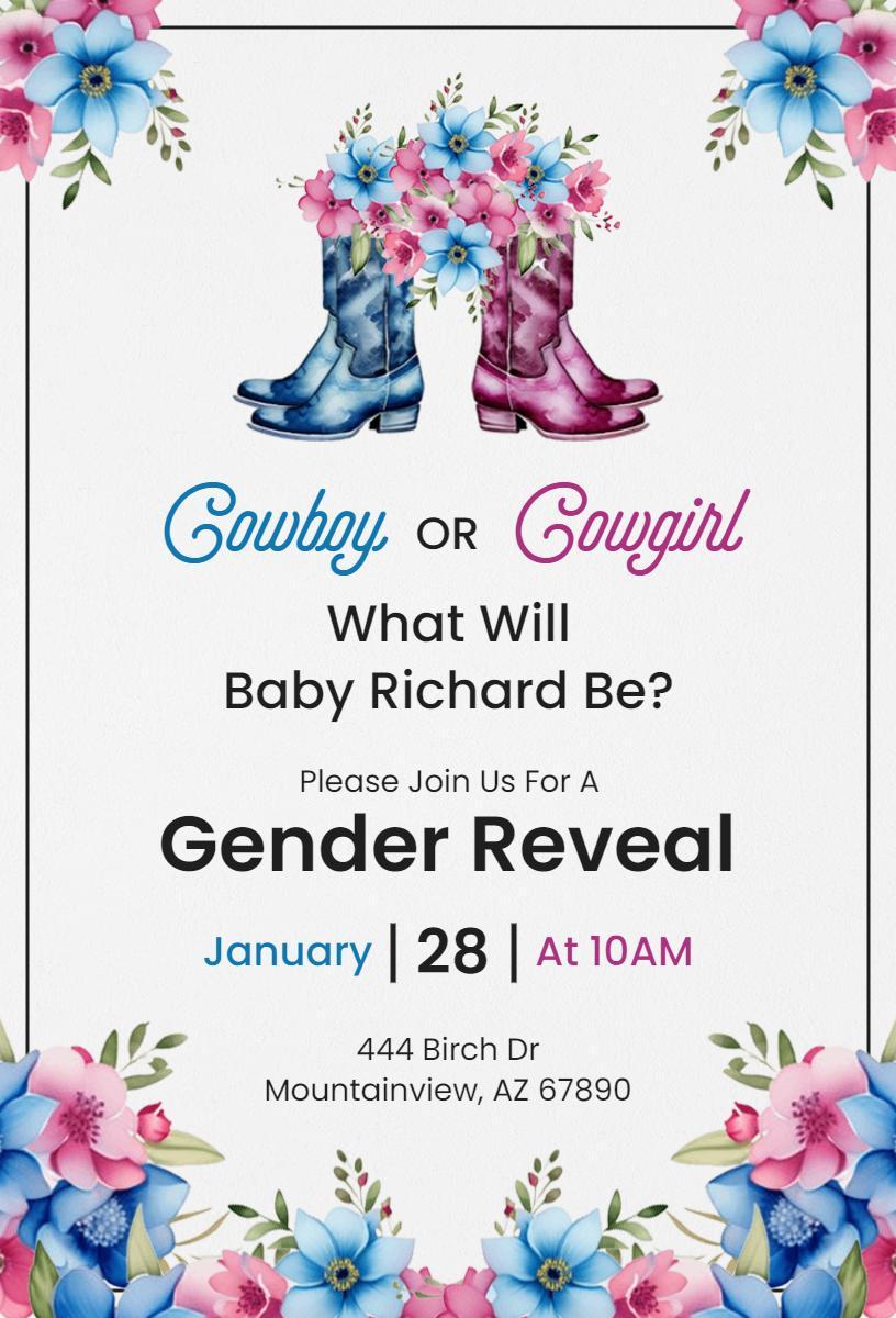 Cowboy Cowgirl Floral Gender Reveal Invitation Template