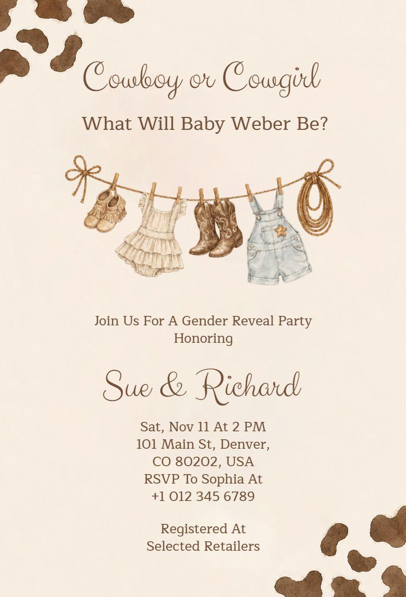 Cowboy Cowgirl Themed Gender Reveal Party Invitation Template