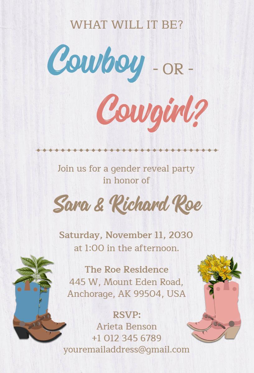 Cowboy or Cowgirl Fun Gender Reveal Party Invitation Template