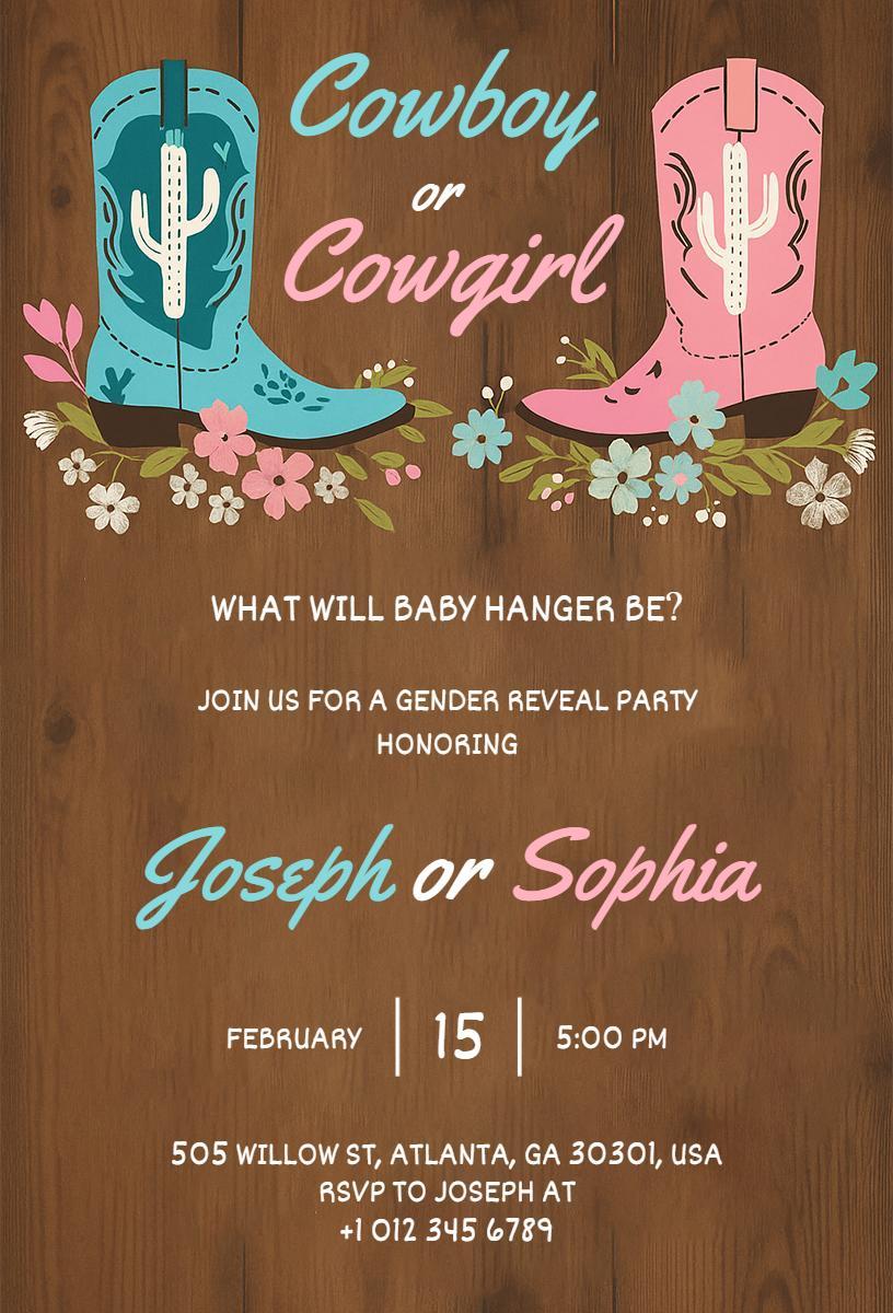 Cowboy or Cowgirl Vintage Gender Reveal Invitation Template