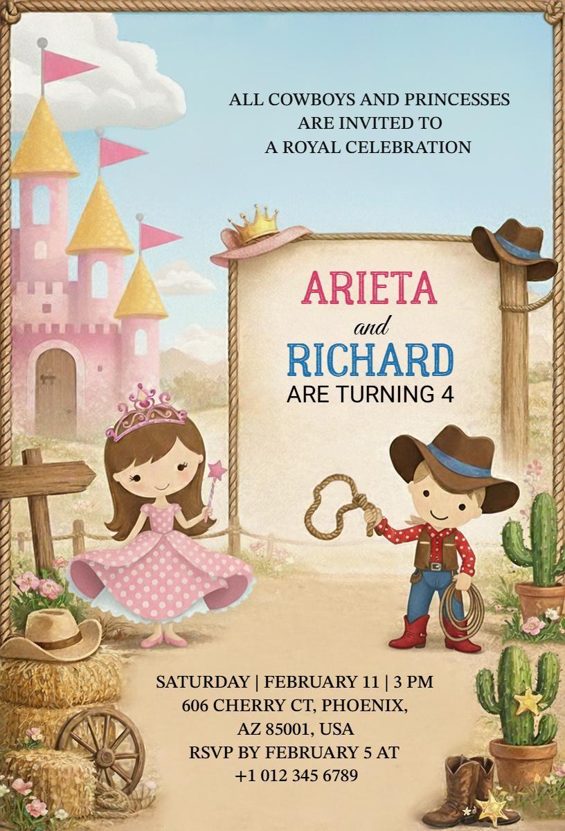 Cowboy Princess Themed Birthday Celebration Invitation Template
