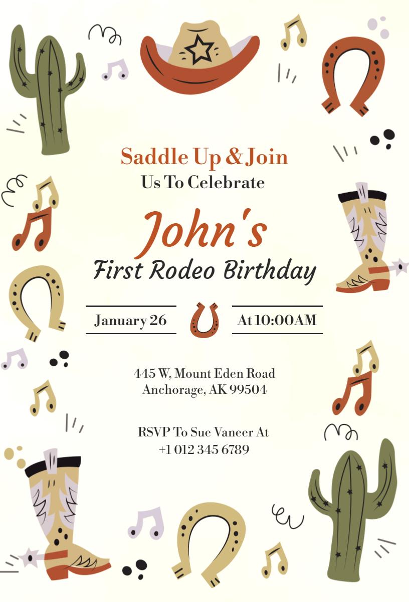 Cowboy Rodeo Adventure First Birthday Celebration Invitation Template