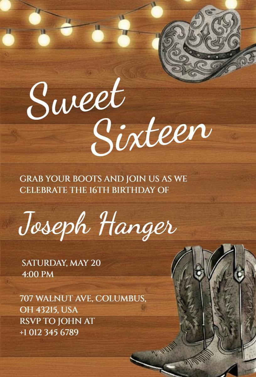 Cowboy Sweet Sixteen Rodeo Themed Birthday Invitation Template