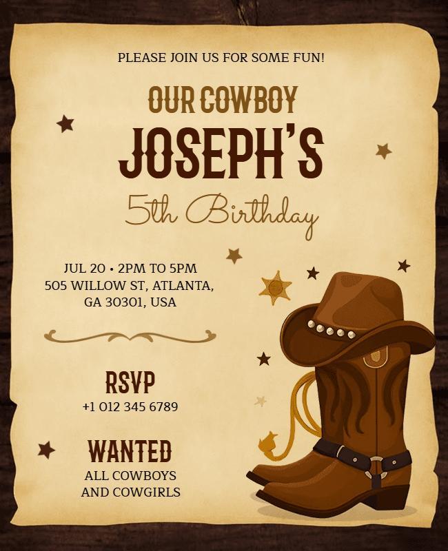 Cowboy Theme Kids Birthday Invitation Flyer Template