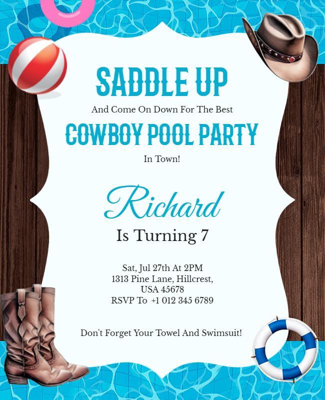 Cowboy Themed Pool Party Invitation Flyer Template