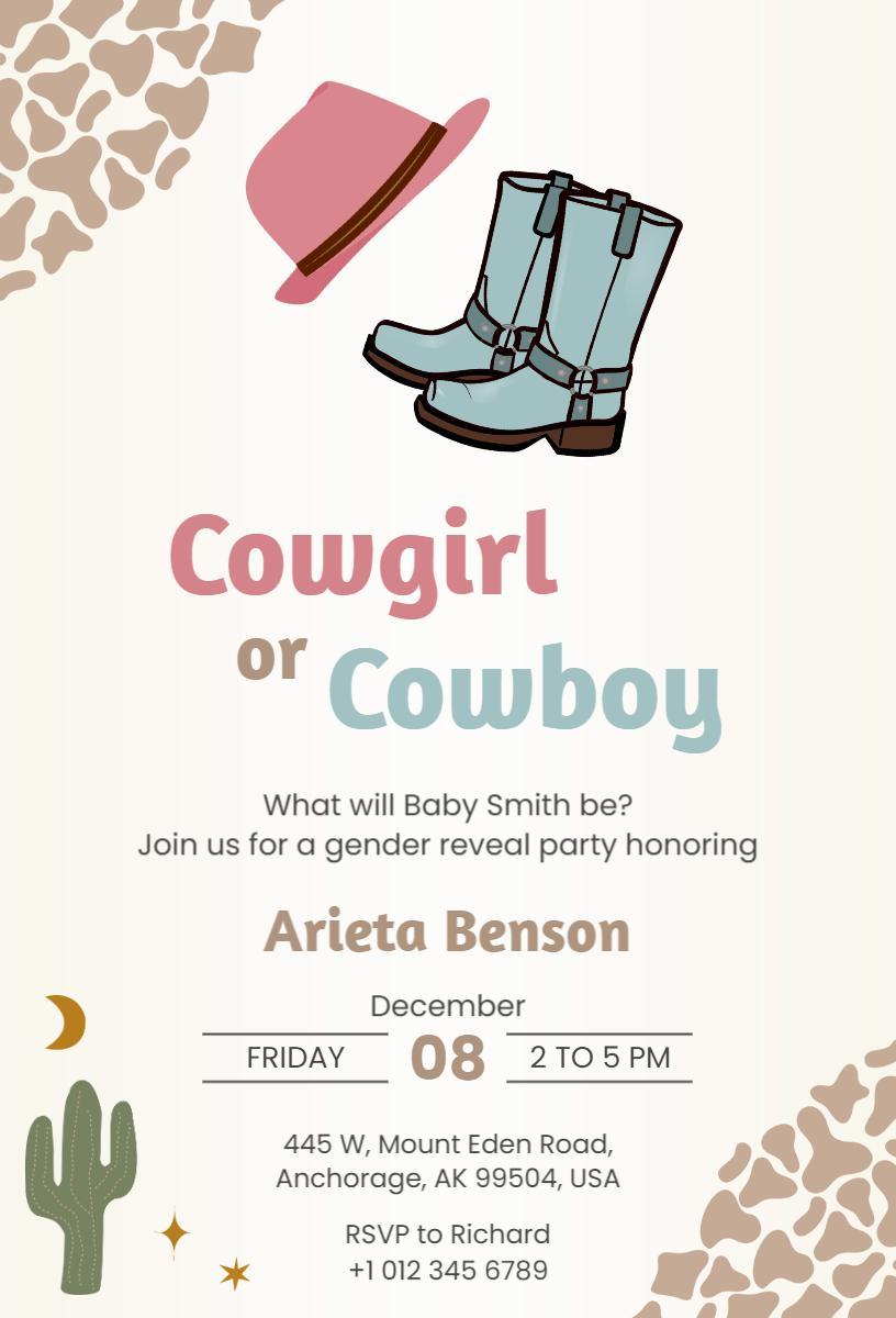 Cowgirl or Cowboy Themed Gender Reveal Party Invitation Template