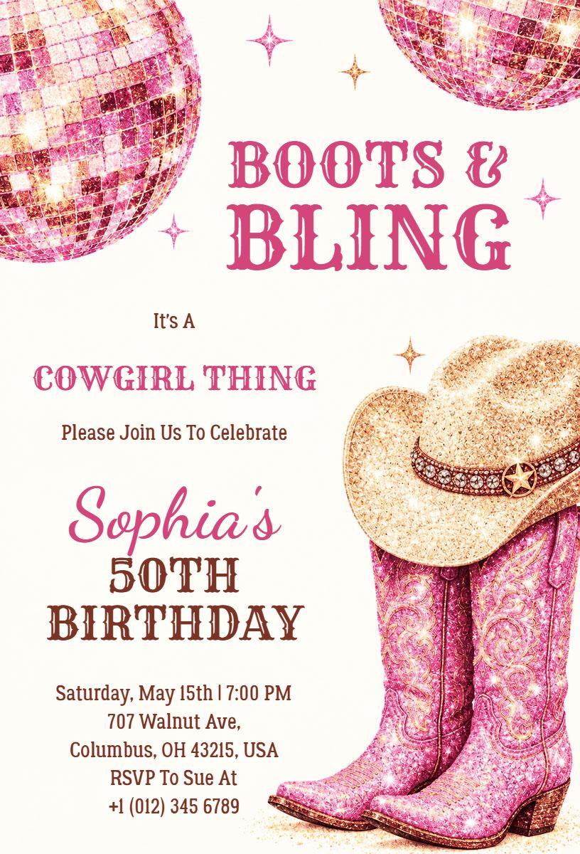 Cowgirl Themed 50th Birthday Celebration Invitation Template