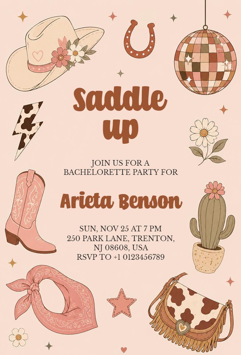 Cowgirl Western Themed Bachelorette Party Invitation Template