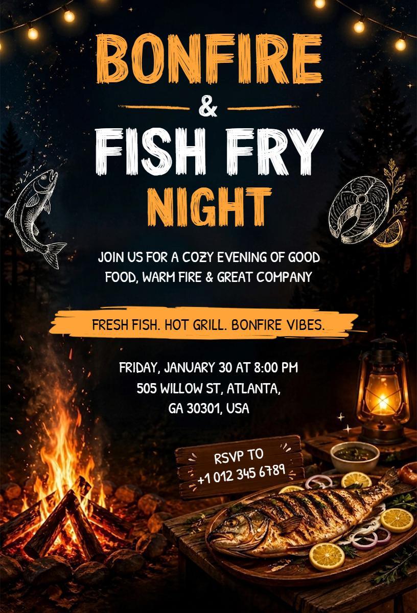 Cozy Bonfire Fish Fry Evening Gathering Invitation Template