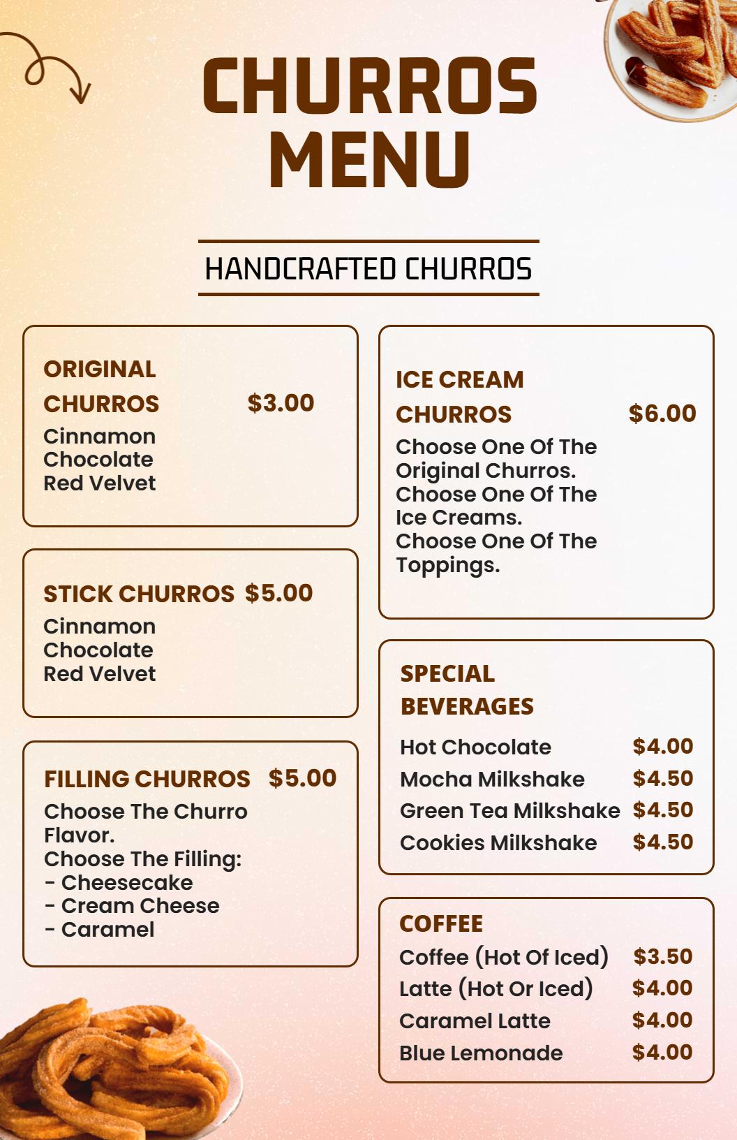 Cozy Brown and Cream Churros Flavor Menu Template