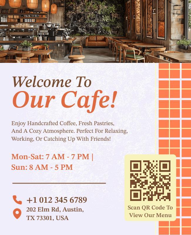 Cozy Orange Checkered Cafe Announcement Flyer Template
