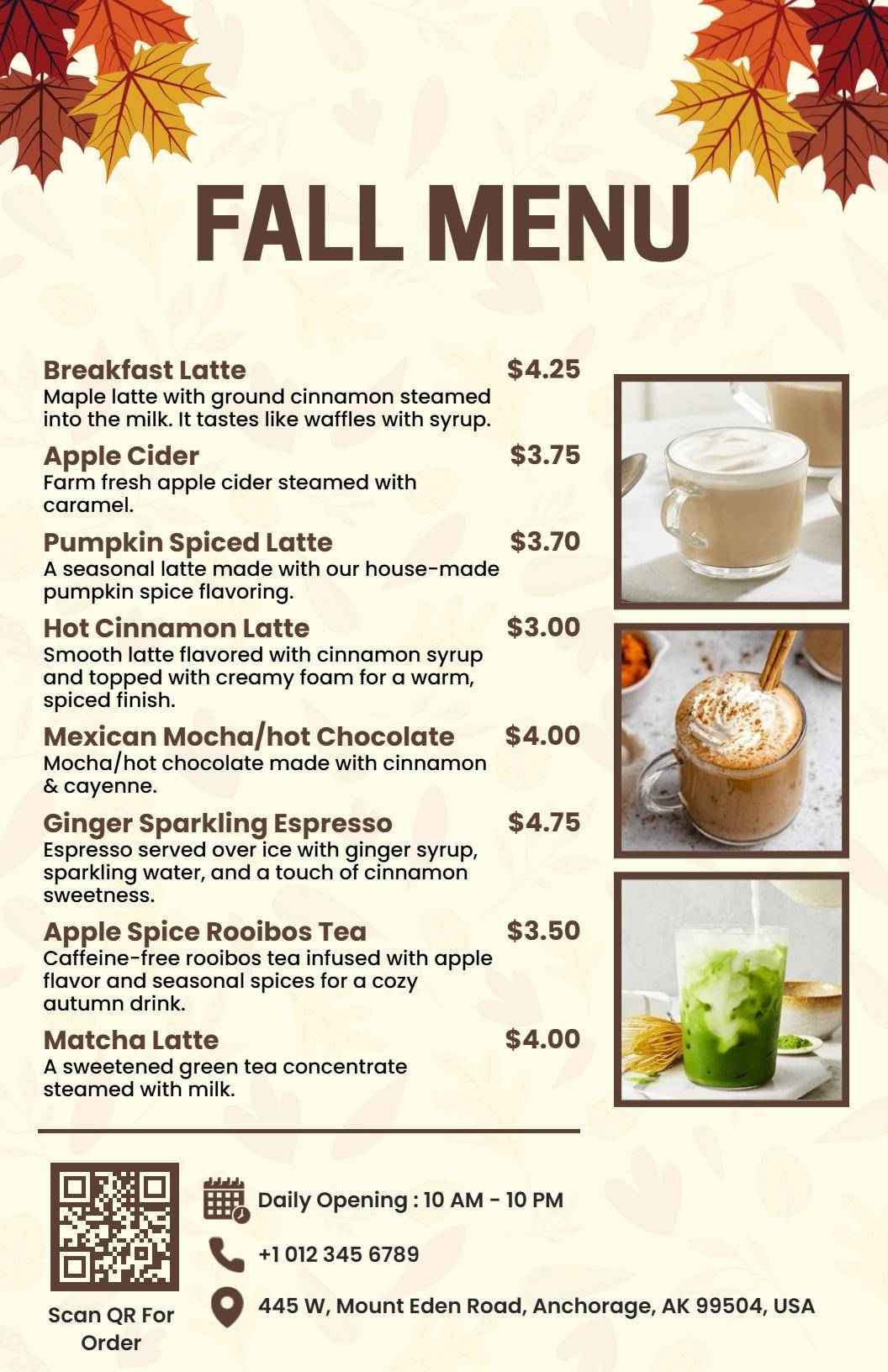 Cozy Spiced Drinks Featuring Pumpkin Flavors Fall Menu Template