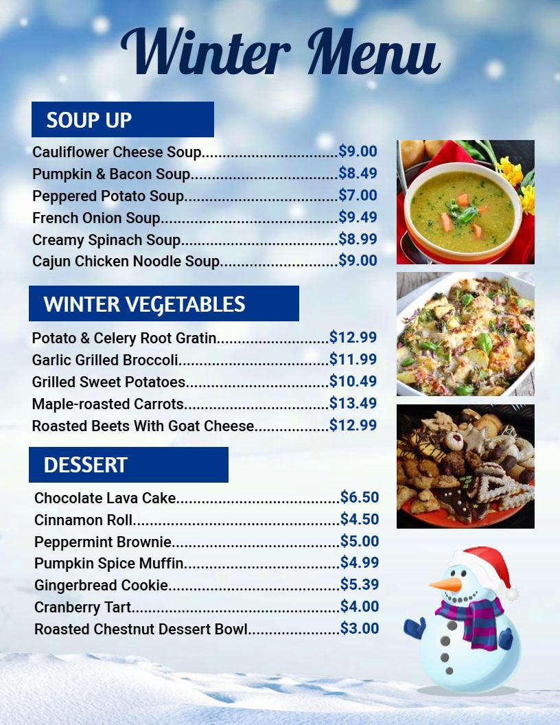 Cozy Winter Soups and Desserts for Chilly Days Seasonal Menu Template