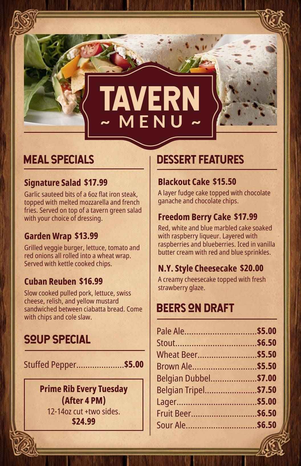 Craft Beer Selections and Gourmet Cocktails Bar Menu Template