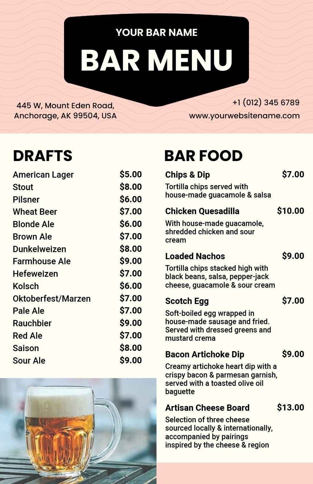 Craft Beers and Delicious Bar Snacks Selection Bar Menu Template