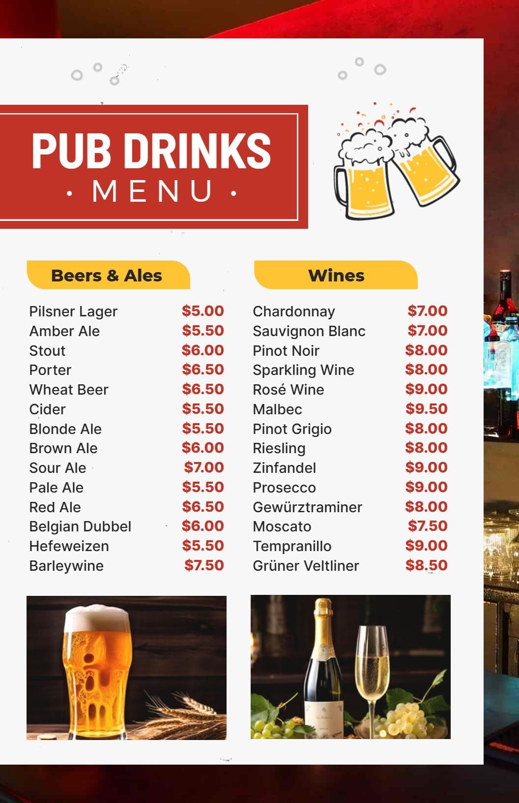 Craft Beers and Fine Wines Selection Drink Offerings Bar Menu Template