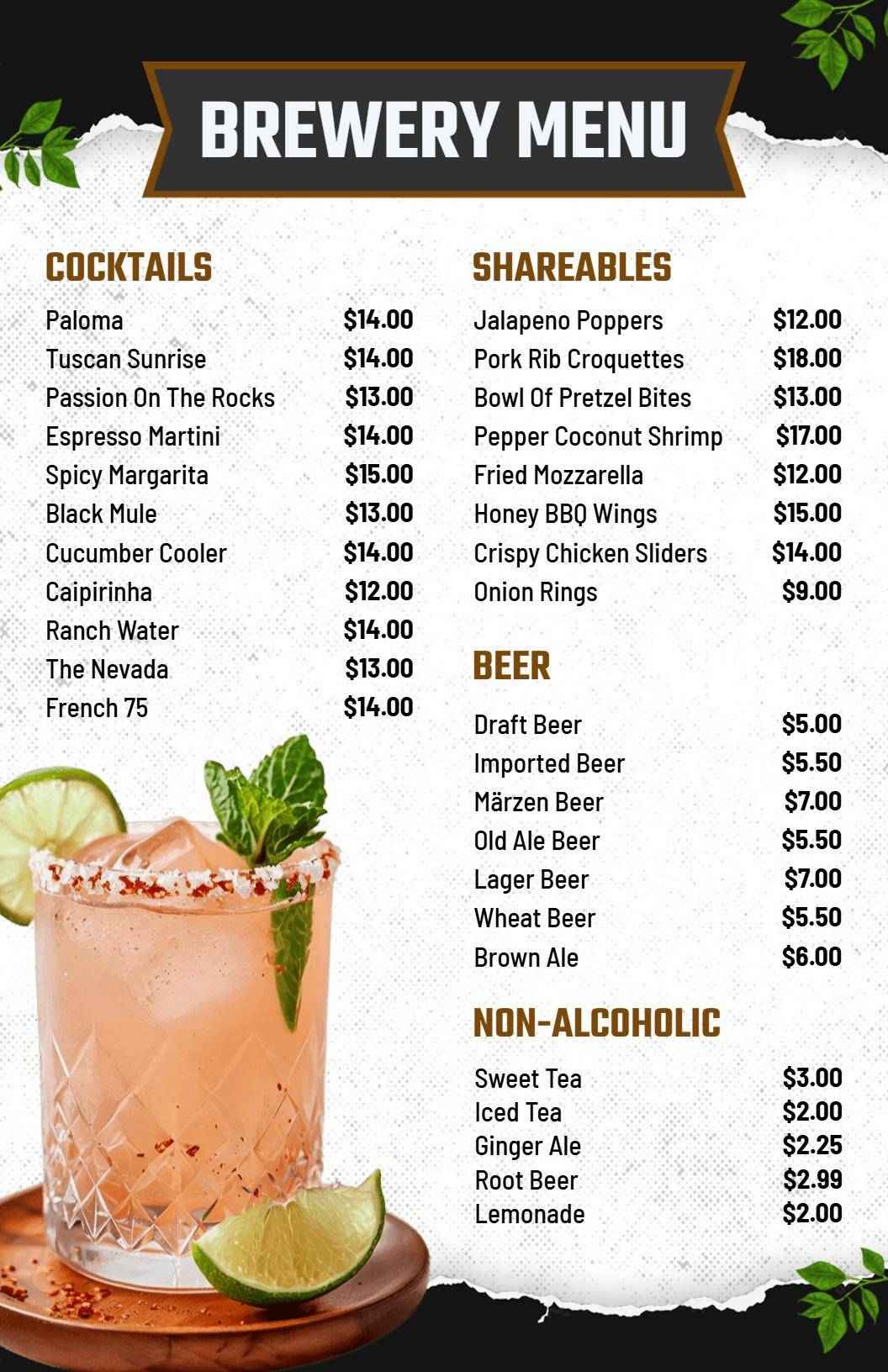 Crafted Cocktails and Refreshing Brews Delight Bar Menu Template