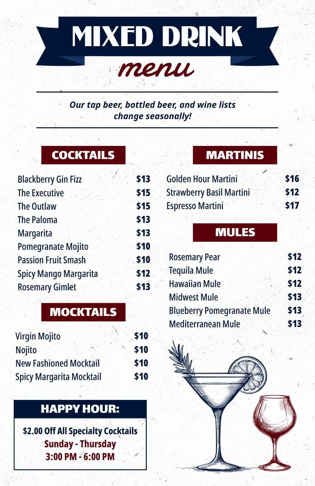 Crafted Cocktails and Seasonal Drinks for Vibrant Bar Menu Template