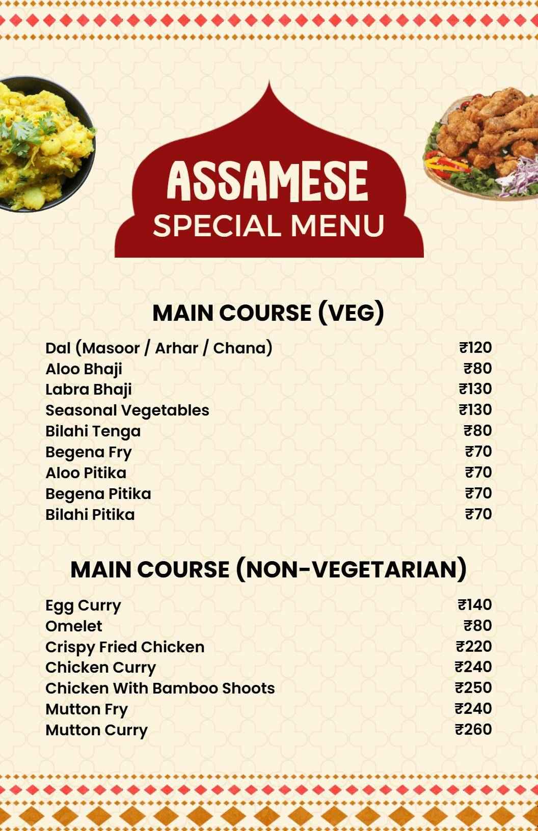 Cream Red Traditional Assamese Indian Special Menu Template