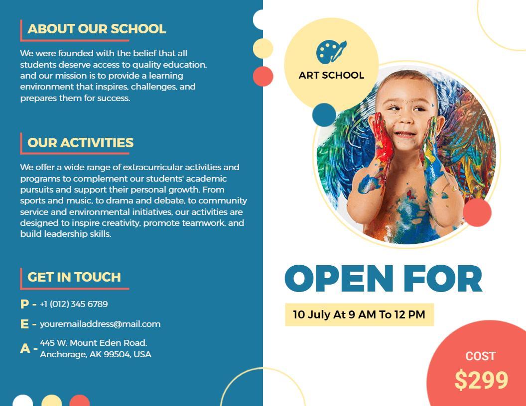 Creative Art School Activities and Enrollment Information Brochure Template