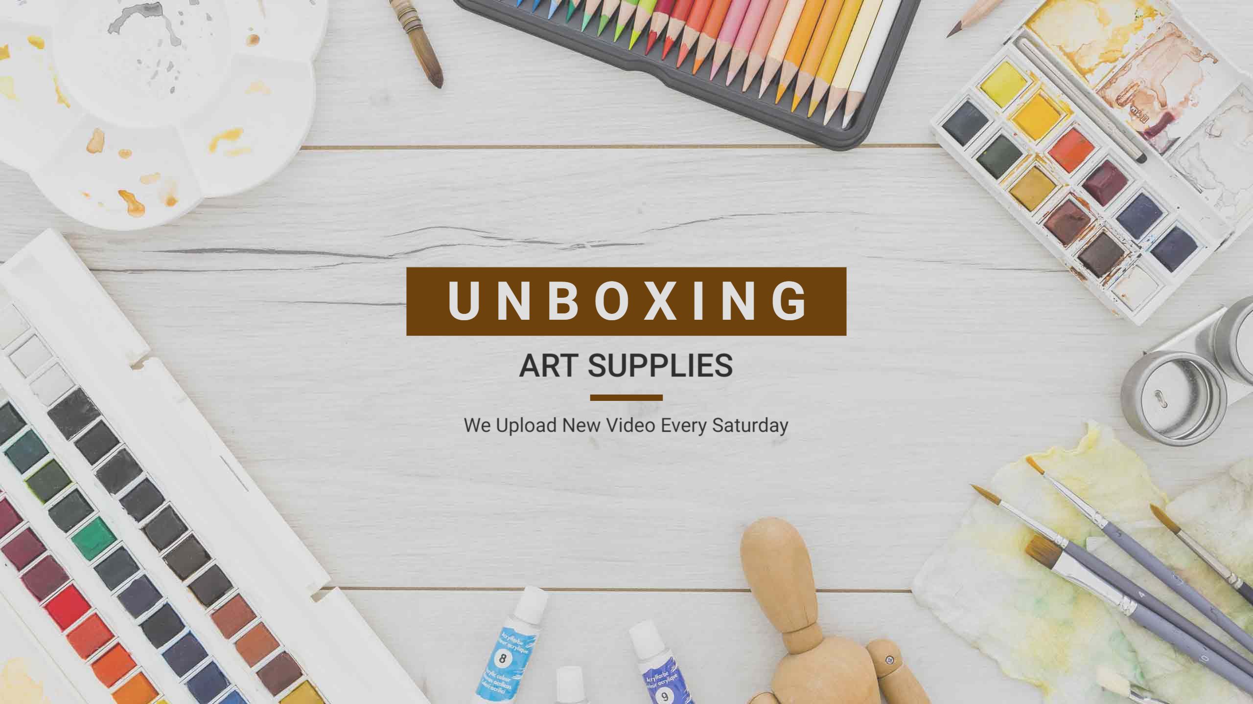 Creative Art Supplies Unboxing on Light Wooden Background Banner Template