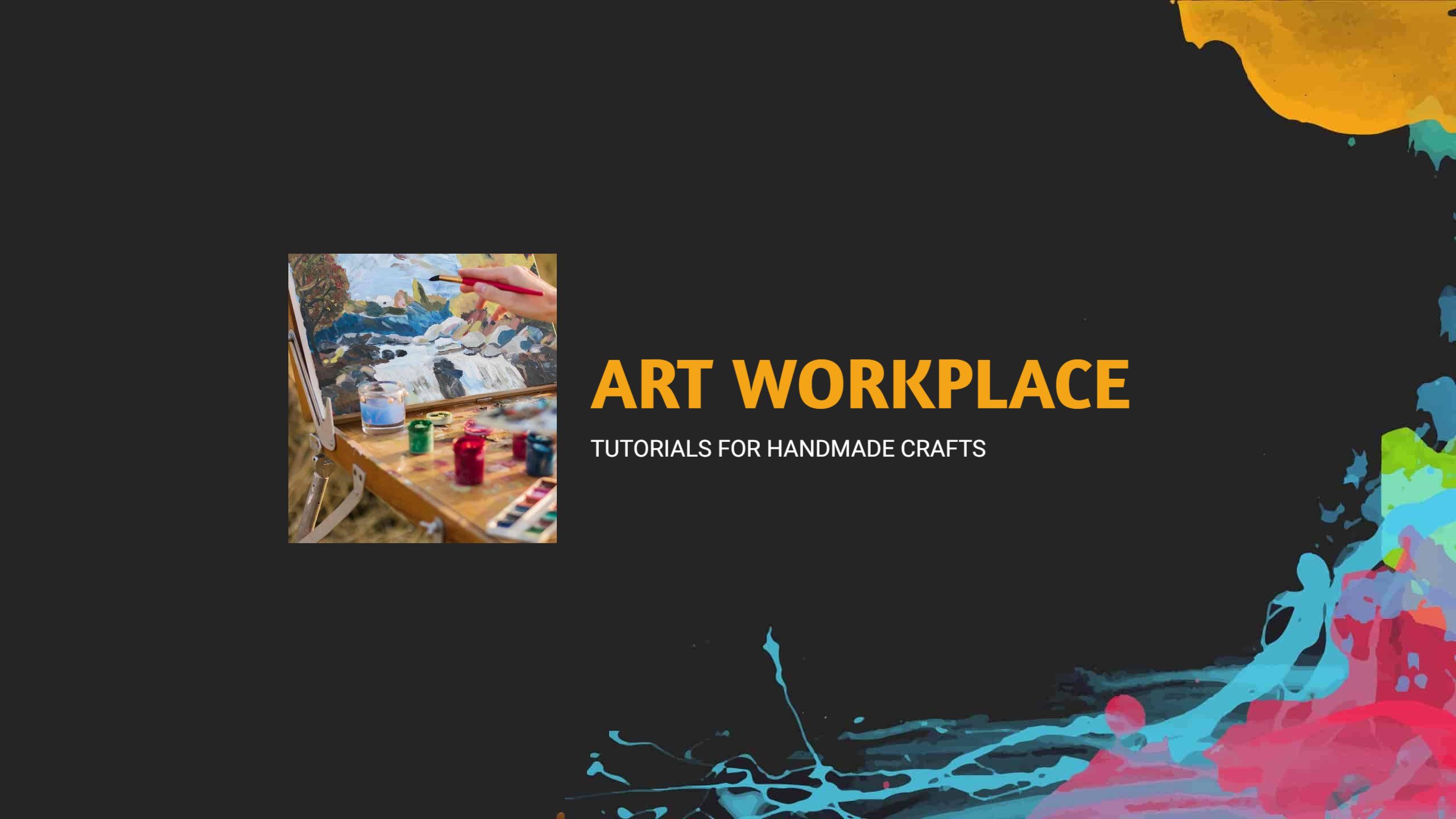 Creative Art Workspace with Colorful Paint Splashes YouTube Banner Template