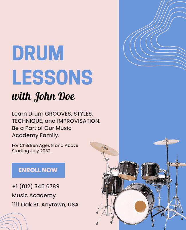 Creative Blue and Pink Drum Lessons Music Academy Poster Template