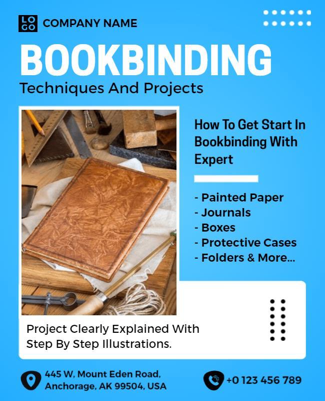 Creative Blue Bookbinding Techniques and Projects Poster Template