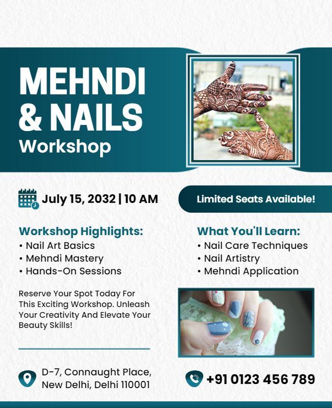 Creative Blue Mehndi and Nail Art Workshop Poster Template