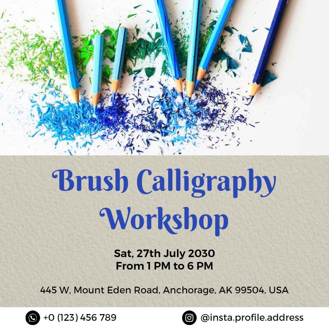 Creative Brush Calligraphy Workshop Invitation with Colorful Tools Ad Template