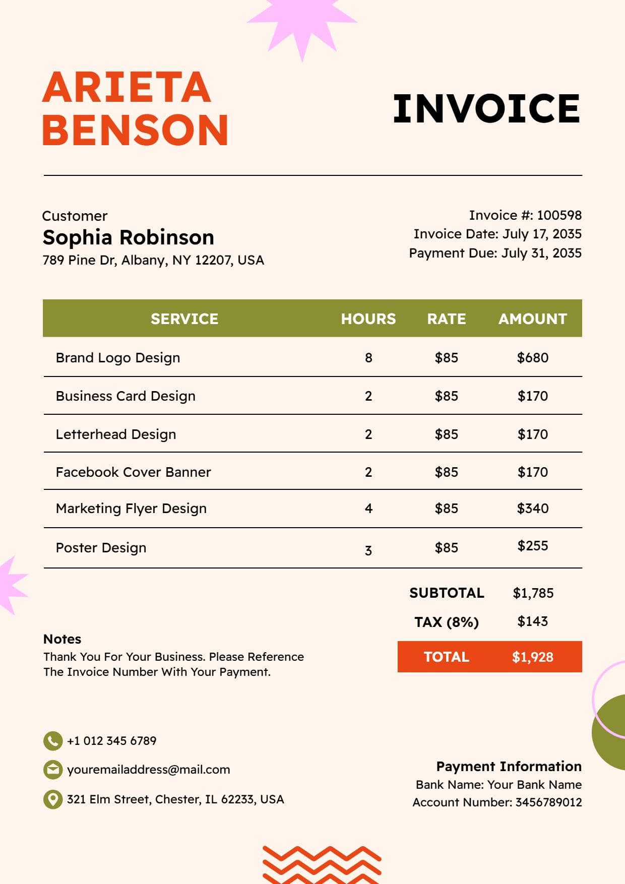 Creative Freelance Design Services with Pricing Invoice Template