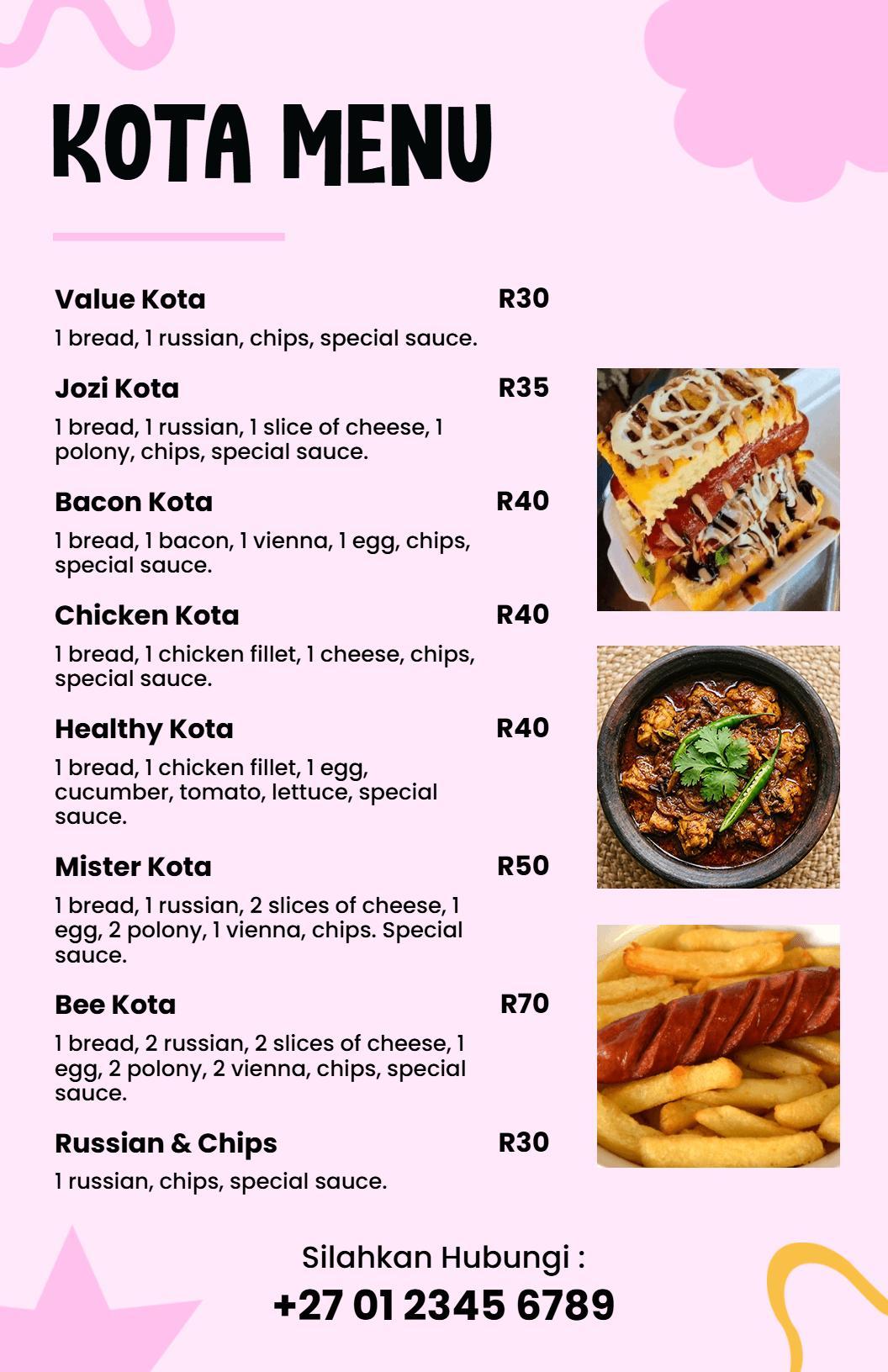 Creative Pink Background for Casual Dining Kota Menu Template