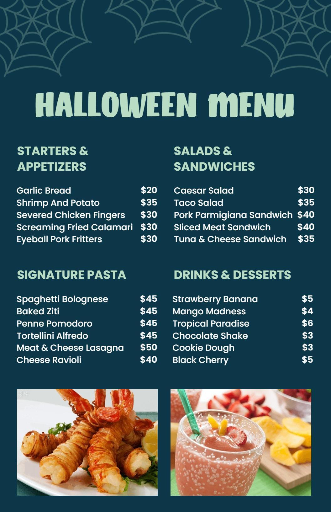 Creative Spooky Pasta and Appetizer Choices Halloween Menu Template