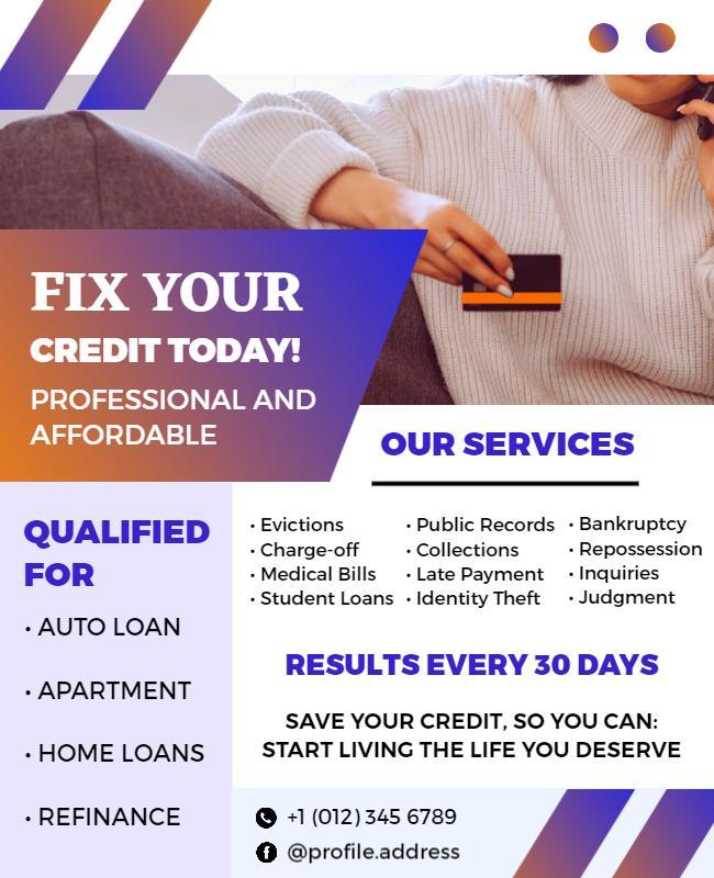 Modern Purple Credit Repair Services Informational Flyer Template